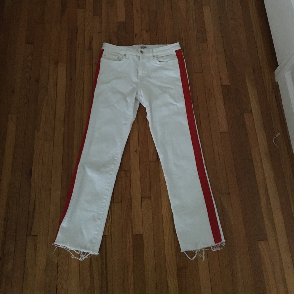 White Jeans with a Red Stripe